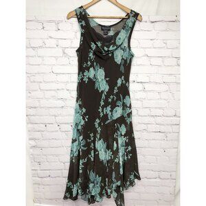 Vtg Y2K Brown Teal Chiffon Floral Beaded Asymmetrical Fairy Lined Dress Sz Lrg